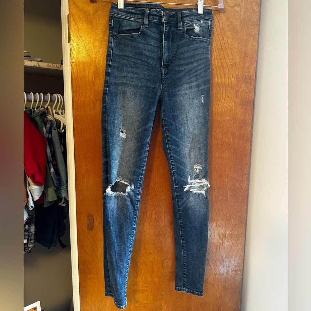 American Eagle Outfitters Distressed Skinny Jeans - Dark Blue